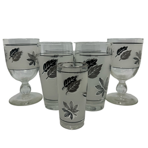 Vintage MCM Libbey Frosted Silver Leaf Glasses Set of 7